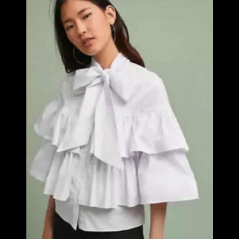 Anthro 5 on 7 Poplin Tie Neck Blouse Size L
